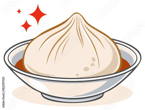 Steamed soup dumpling in bowl with sauce and glitter, cartoon-style vector art