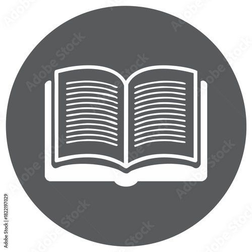 Open Book Icon Symbol Graphic Design White Lines on Dark Gray Circle Background
