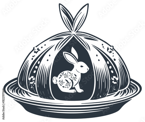 Elegant graphic design featuring a white rabbit nestled inside an ornate decorative cloche on a plate
