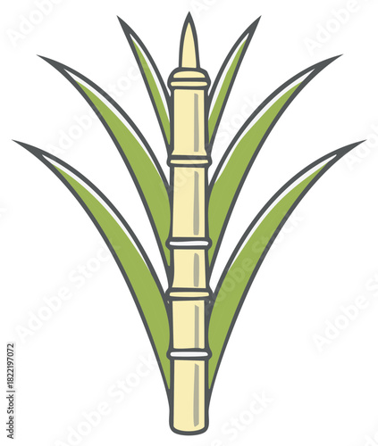 Cartoon style graphic of a natural sugarcane plant with a thick ribbed stalk and pointed green leaves