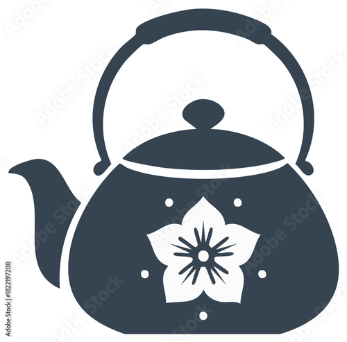 Traditional Japanese teapot with sakura cherry blossom flower. Asian tea ceremony kettle vector glyph icon.