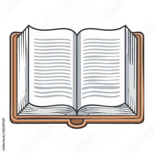 Open book illustration with lined pages and a brown cover, reading and learning concept.