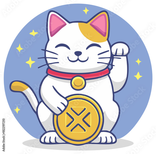Lucky cat mascot beckoning with coin and raising paw for good fortune in a starry sky