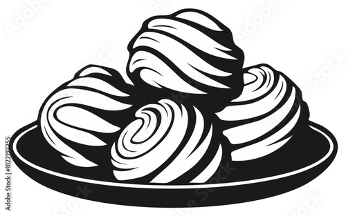Black and white illustration of a plate with five swirled marshmallows