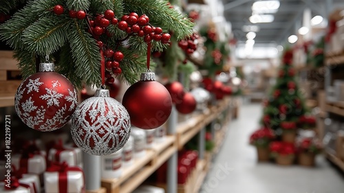 Festive red and silver christmas ornaments on display in decorated store aisle