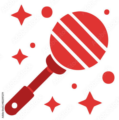 Festive red striped rattle icon with sparkling stars and dots