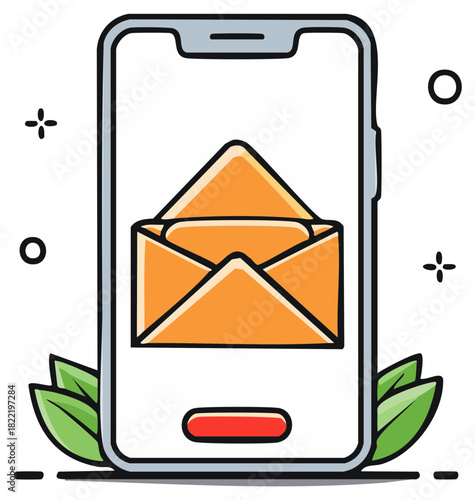 Cartoon smartphone with open email envelope notification symbol on screen for digital messaging