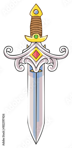 Ornate fantasy magic sword with a jeweled hilt cartoon vector illustration