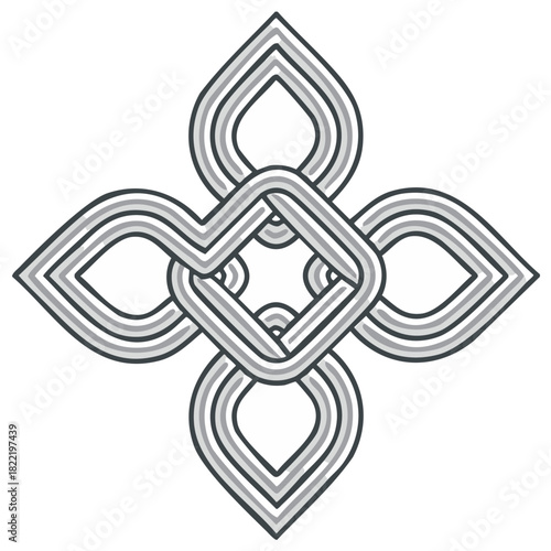 Decorative symmetrical geometric knot pattern with intricate interwoven lines in grayscale vector