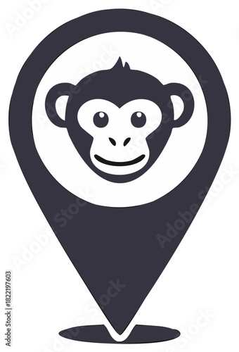 Monkey face on map pin icon showing location vector illustration