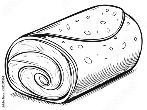 Detailed black and white line art illustration of a beautifully rolled savory food wrap or sweet dessert pastry