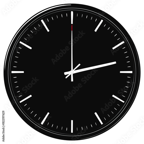 Sleek minimalist round black clock with sharp white markers and hands symbolizing punctuality and deadlines