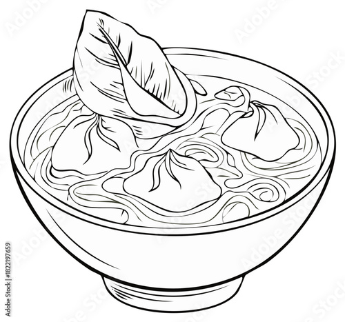 Illustration of Asian Soup with Dumplings and Noodles in a White Bowl with a Leaf Garnish