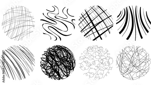Doodle naive freehand shapes.Hand drawn line texture set. Vector scribble spiral wave strokes swirls crosshatch