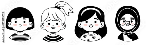 Set of cute minimal girl avatars in black and white. Perfect for social media profiles, educational projects, apps, branding, stickers and inclusive community designs.