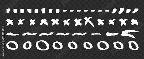 Set of white grunge paint brush strokes on transparent background.