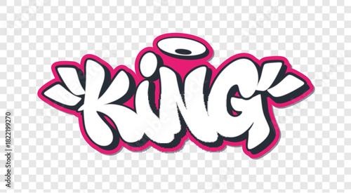 King in graffiti style text with halo on transparent background design.