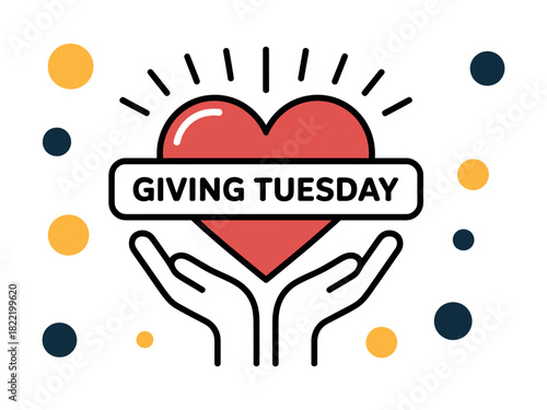 A heart is held aloft by open hands on Giving Tuesday, surrounded by colorful dots.