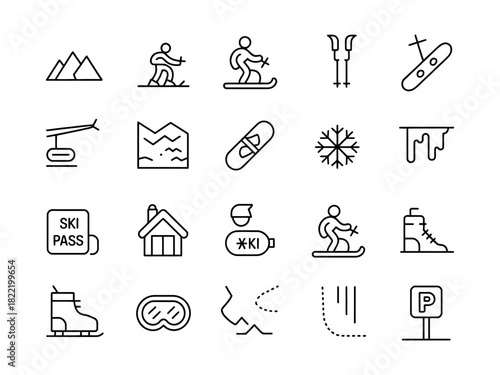 A collection of line art icons representing various winter sports and mountain activities.
