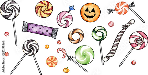 Vector illustration of a cute Halloween sweets and candies.