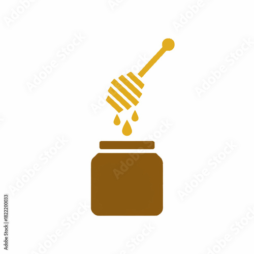 Golden honey dipper dripping into brown jar sweet natural product icon perfect for organic food beekeeping breakfast cooking or wholesome ingredient design