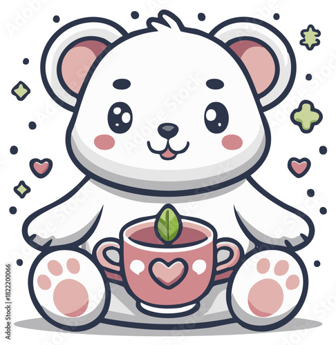 Cute White Bear Holding Heart Mug with Leaf Tea Kawaii Cartoon