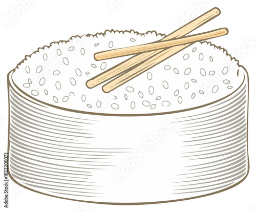 Stylized illustration of a sushi maki roll topped with rice and chopsticks.