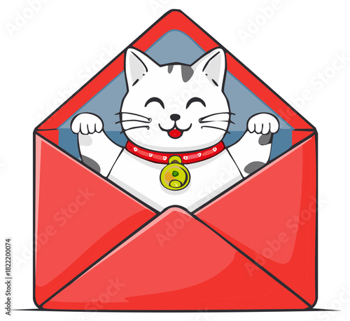 Cute cartoon Maneki Neko lucky cat pops out of a red mail envelope with a happy smile