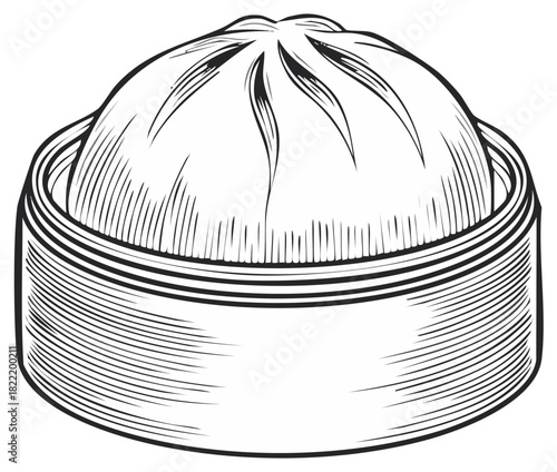 Steaming Asian Dumpling in Bamboo Steamer Illustration, Hand Drawn Graphic Style Asian Food, Culinary Arts, Steamed Dumplings