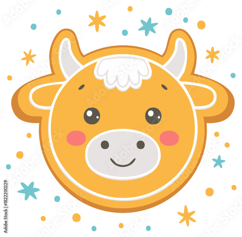 Cartoon cow head design with stars, for greeting cards, baby shower invitations