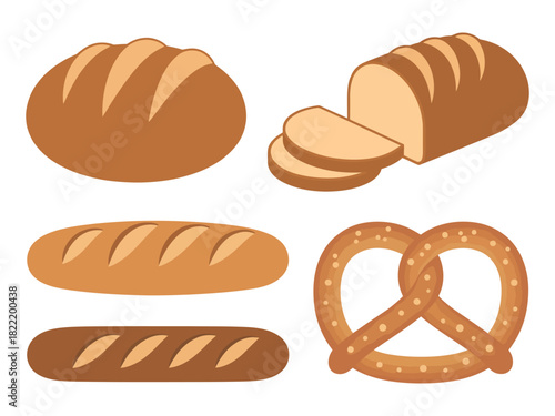 A collection of baked goods including a whole loaf, sliced loaf, baguette, and pretzel.