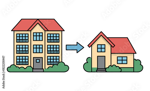 Illustration of a large building being replaced by a smaller house, symbolizing downsizing or a change in living situation.