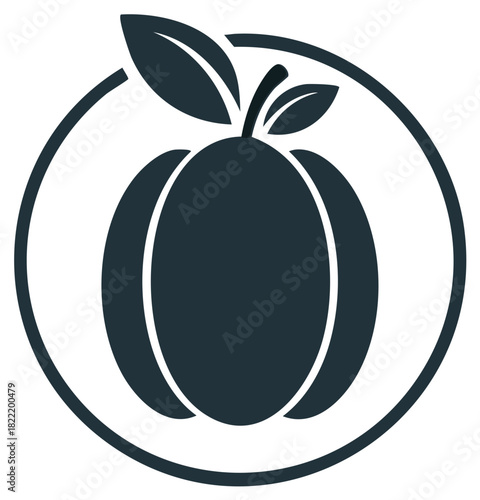 Dark minimalist fruit logo design, round plum illustration with leaves in circular frame. Vector clip art for food products and branding.