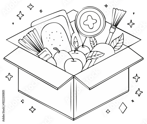 Hand drawn illustration of a box filled with assorted items like fruits, a whisk and a paint brush.
