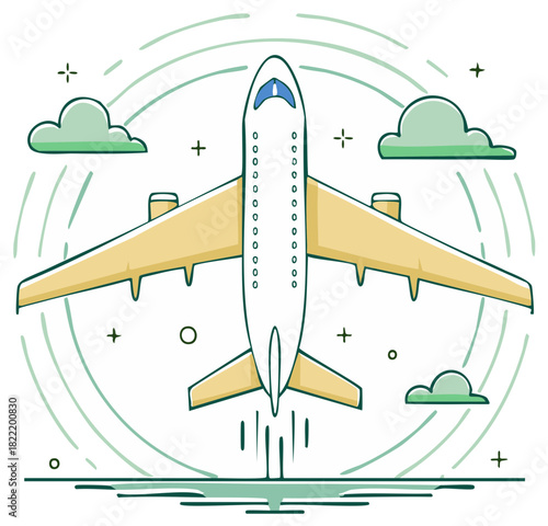 Illustration of a modern commercial airplane taking off with clouds and abstract lines