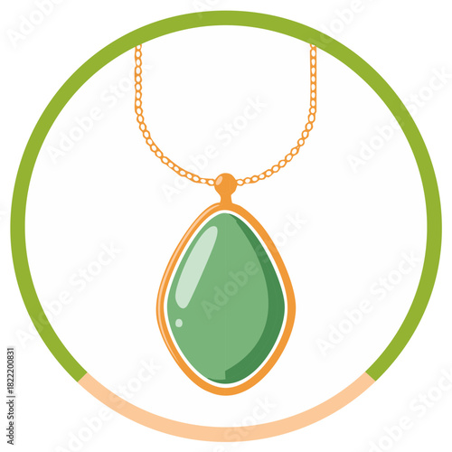 Green jewel pendant necklace, gold chain and frame, in a green and gold circle