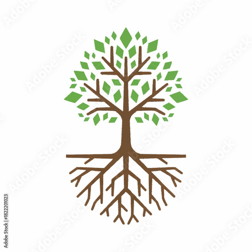 Green tree with roots above and below ground nature growth icon perfect for environmental life balance ecology or organic sustainability design