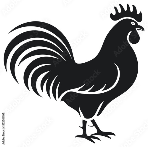 Striking black silhouette of a proud rooster with a detailed feathered tail and comb