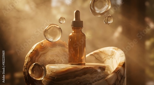 Serum Bottle on Polished Abstract Stone with Glossy Gel Droplets