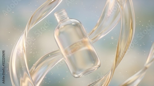 Shampoo Bottle Among Translucent Fluid Ribbons with Soft Highlights