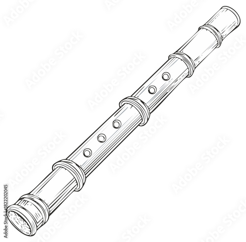 Line art illustration of a traditional woodwind musical instrument, a simple flute or recorder, with tone holes.