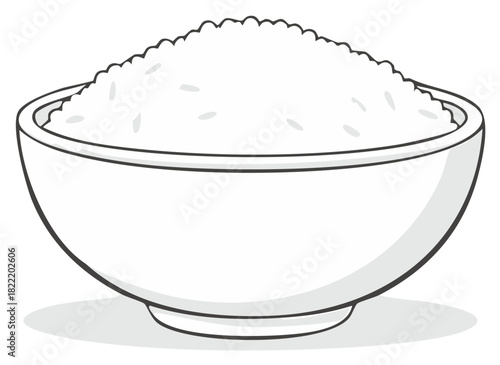 Bowl of fluffy white rice with a shadow beneath the porcelain dish on a white surface
