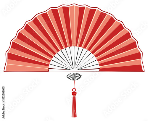 Elegant red folding fan with stripes and tassel, decorative object, Asian design element
