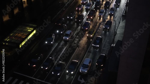 Downtown Traffic On Rainy Night From Above