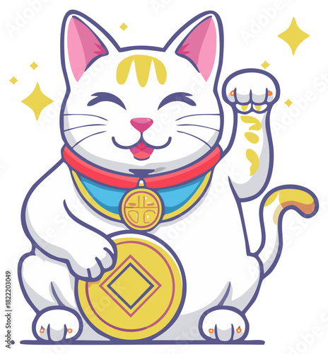 Cute Japanese Maneki Neko Lucky Cat Waving for Good Fortune Cartoon