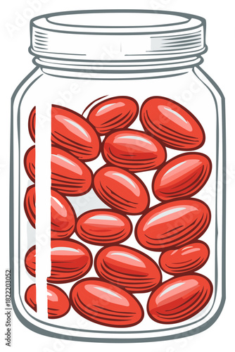 Red Medicine Capsules and Vitamin Supplements in a Clear Glass Jar Vector Illustration