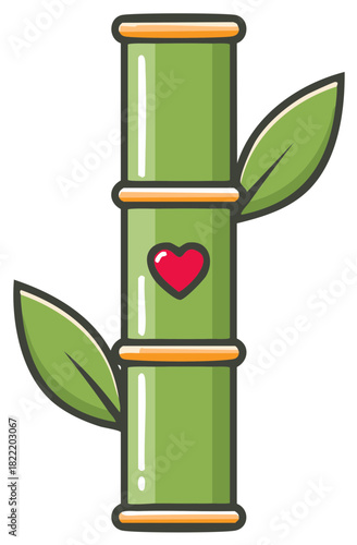 Cute cartoon bamboo stalk with vibrant green leaves and a red heart icon symbolizing love growth