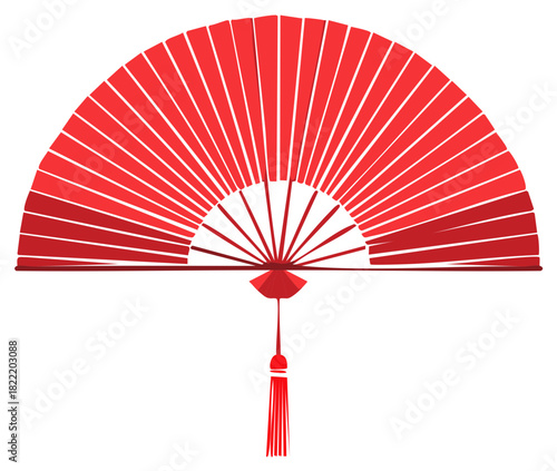 Vibrant red traditional folding fan with decorative tassel, cultural elegance
