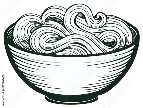 Stylized bowl of Asian noodles in a black and white graphic engraving style vector illustration