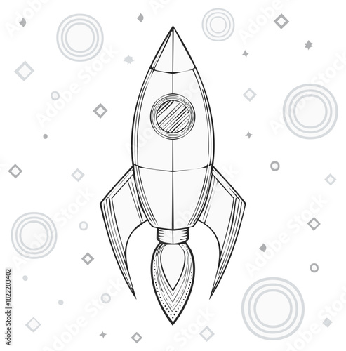 Retro cartoon rocket blasting off with stylized stars and planets in the background